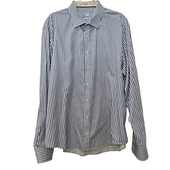 Bugatchi Uomo Men's 2XL Shapped Fit Blue Striped Long Sleeve Shirt Flower Lining - Picture 1 of 11